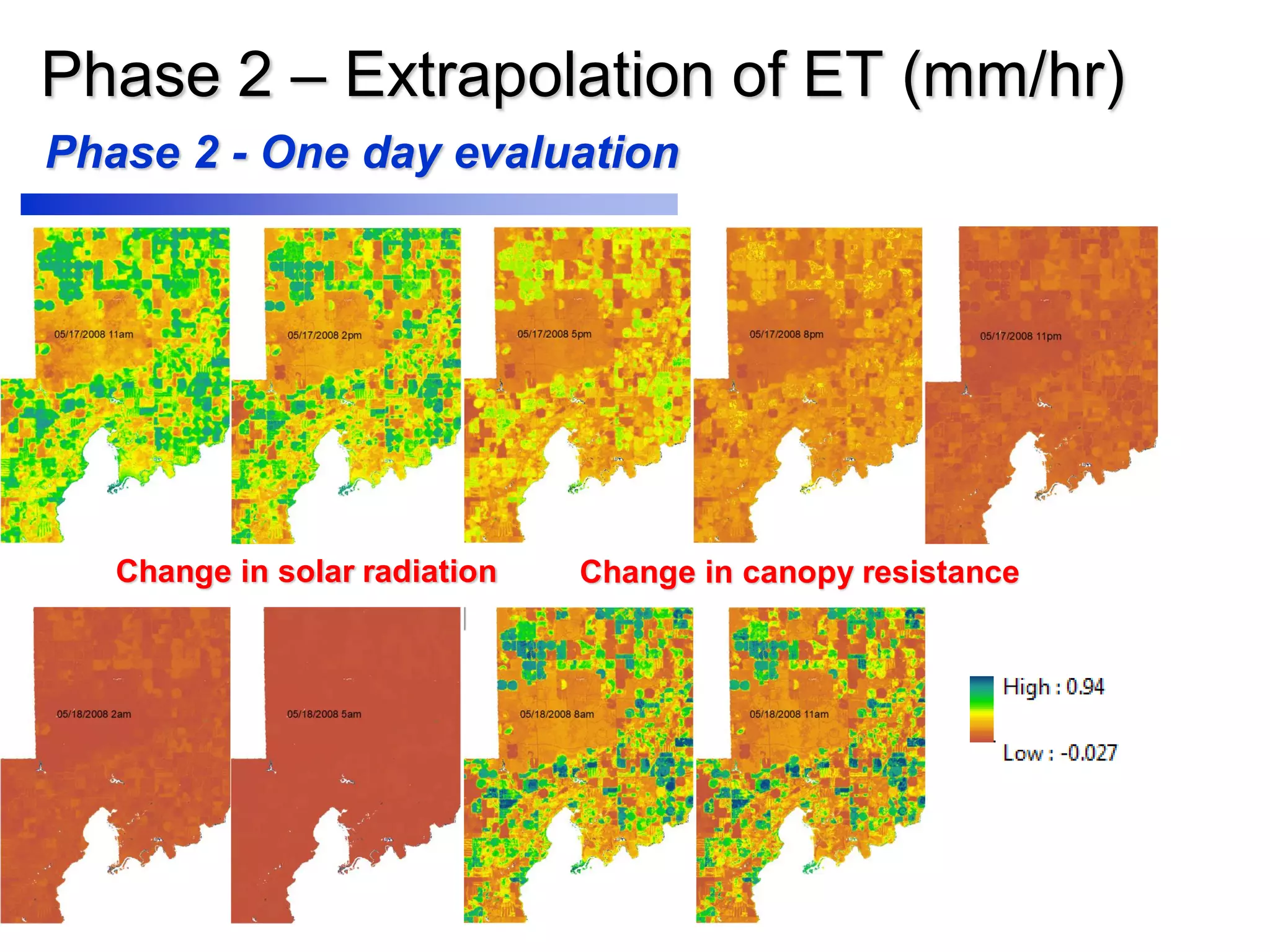 Phase 2 – Extrapolation of ET (mm/hr)
Phase 2 - One day evaluation
Change in solar radiation Change in canopy resistance
 