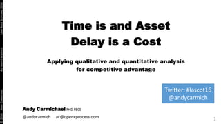 ©2016ANDYCARMICHAELALLRIGHTSRESERVEDLEANAGILESCOTLAND2016
1
Time is and Asset
Delay is a Cost
Applying qualitative and quantitative analysis
for competitive advantage
Andy Carmichael PHD FBCS
@andycarmich ac@openxprocess.com
Twitter: #lascot16
@andycarmich
 