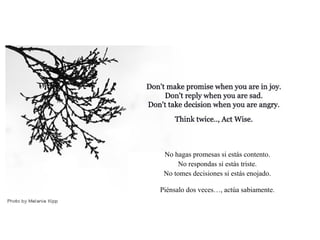 No hagas promesas si estás contento. No respondas si estás triste. No tomes decisiones si estás enojado. Piénsalo dos veces…, actúa sabiamente. 