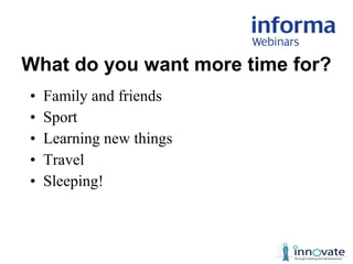 • Family and friends
• Sport
• Learning new things
• Travel
• Sleeping!
What do you want more time for?
 