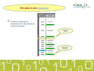 Formules aanbrengen is
handmatig werk, dus de kans op
fouten is erg groot;
16
=H128+G128+
G128
=H146+G146-
G136-G138
Het plan is niet consistent
 