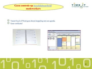 Geen controle op beschikbaarheid
medewerkers
Vanuit Excel of Word geen directe koppeling met een agenda;
Geen verificatie!
20
 