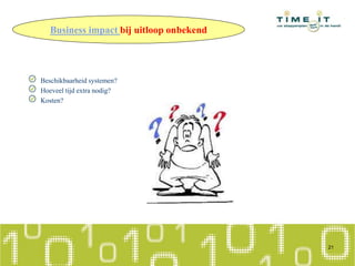 Business impact bij uitloop onbekend
Beschikbaarheid systemen?
Hoeveel tijd extra nodig?
Kosten?
21
 