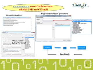 Communicatie vooraf definieerbaar
middels SMS en/of E-mail
Koppelen bericht aan gebeurtenis
Overzicht berichten
24
Inhoud bericht
SMS en/of E-mail
 