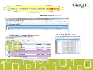 Manueel, kopiëren vanuit, import vanuit Excel
Kopiëren vanuit ander plan
Importeren vanuit Excel
Manuele invoer
26
 