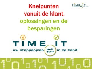 Knelpunten
vanuit de klant,
oplossingen en de
besparingen
vanuit
4
 