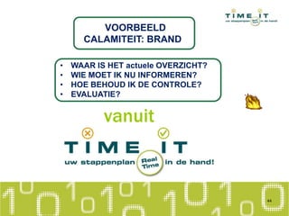 vanuit
Voorbeeld
VOORBEELD
CALAMITEIT: BRAND
Voorbeeld
• WAAR IS HET actuele OVERZICHT?
• WIE MOET IK NU INFORMEREN?
• HOE BEHOUD IK DE CONTROLE?
• EVALUATIE?
44
 