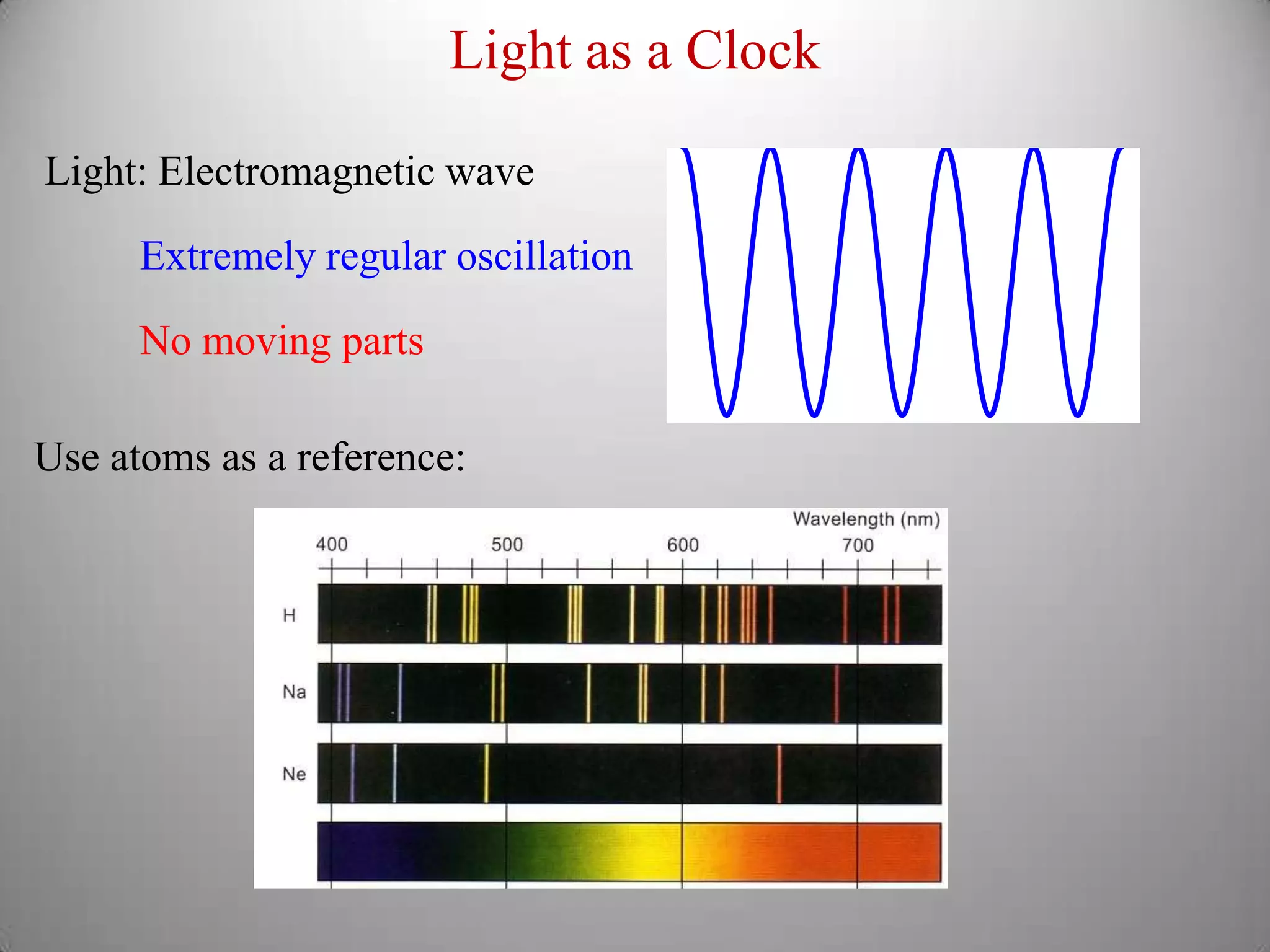 Light as a ClockLight: Electromagnetic waveExtremely regular oscillationNo moving partsUse atoms as a reference:
