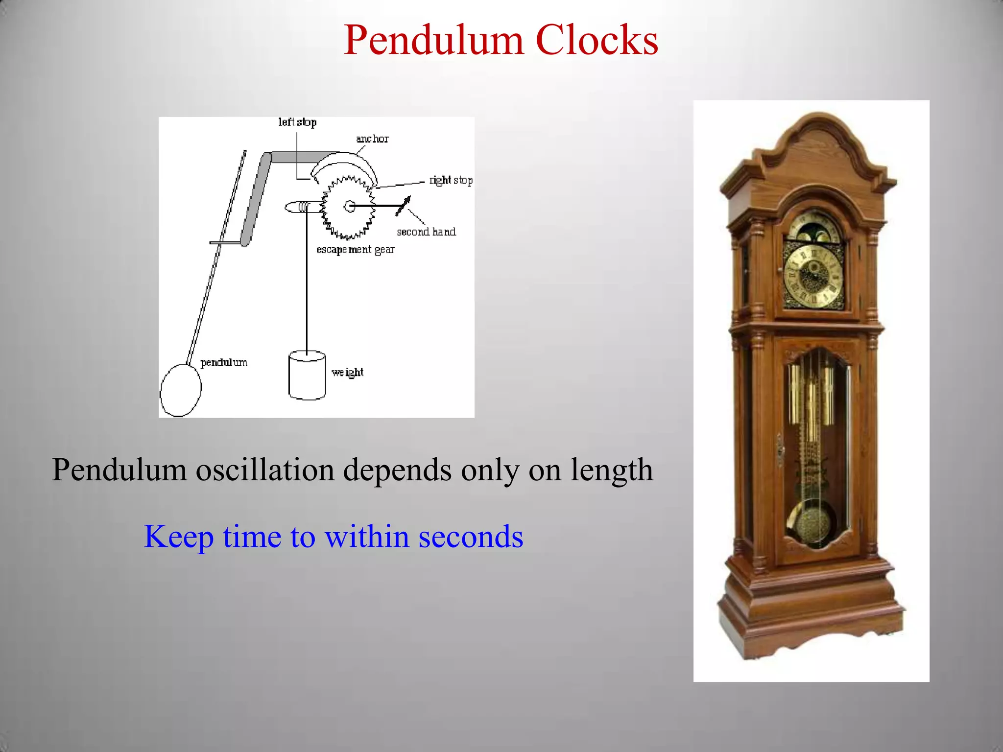 Pendulum ClocksPendulum oscillation depends only on lengthKeep time to within seconds
