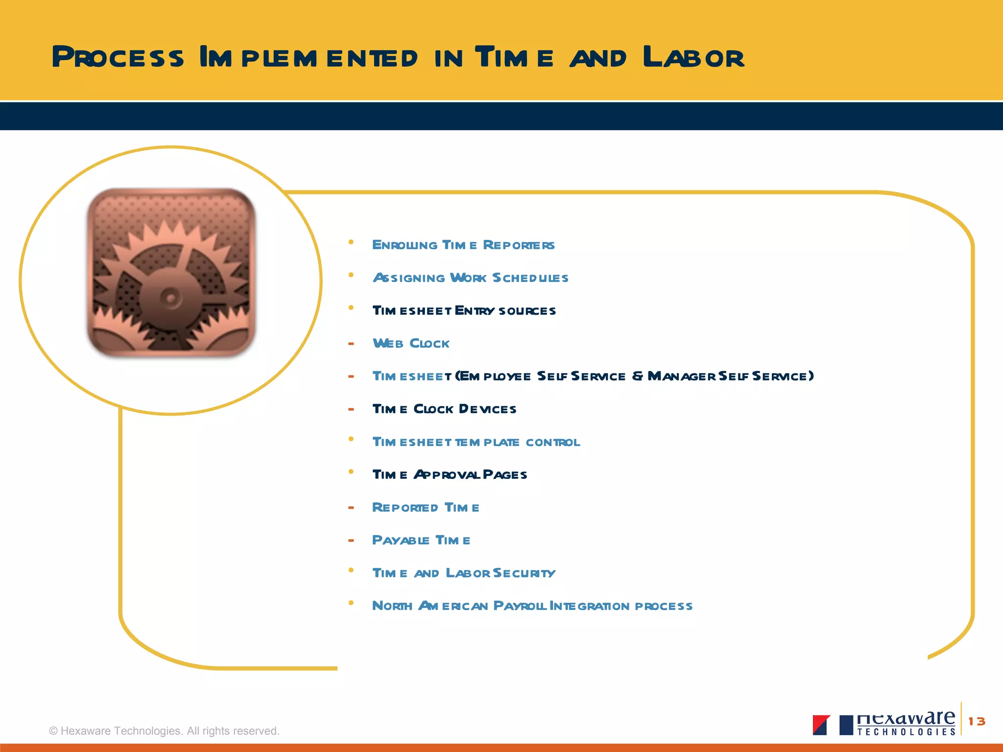 Process Implemented in Time and Labor Enrolling Time Reporters Assigning Work Schedules Timesheet Entry sources Web Clock Timeshee t (Employee Self Service & Manager Self Service) Time Clock Devices Timesheet template control Time Approval Pages Reported Time Payable Time Time and Labor Security North American Payroll Integration process 