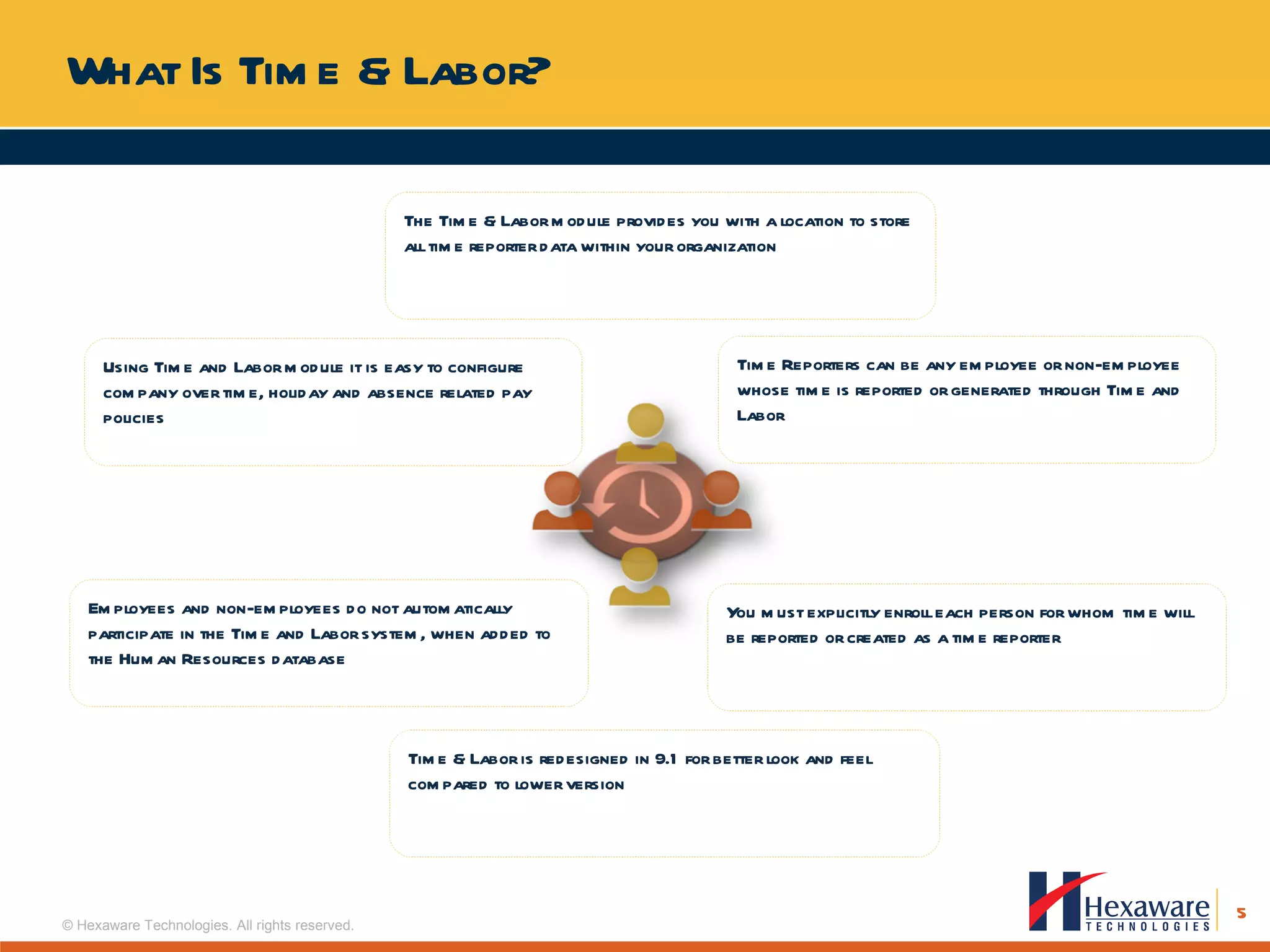 What Is Time & Labor? Time Reporters can be any employee or non-employee whose time is reported or generated through Time and Labor Time & Labor is redesigned in 9.1 for better look and feel compared to lower version You must explicitly enroll each person for whom time will be reported or created as a time reporter Employees and non-employees do not automatically participate in the Time and Labor system, when added to the Human Resources database Using Time and Labor module it is easy to configure company over time, holiday and absence related pay policies The Time & Labor module provides you with a location to store all time reporter data within your organization  
