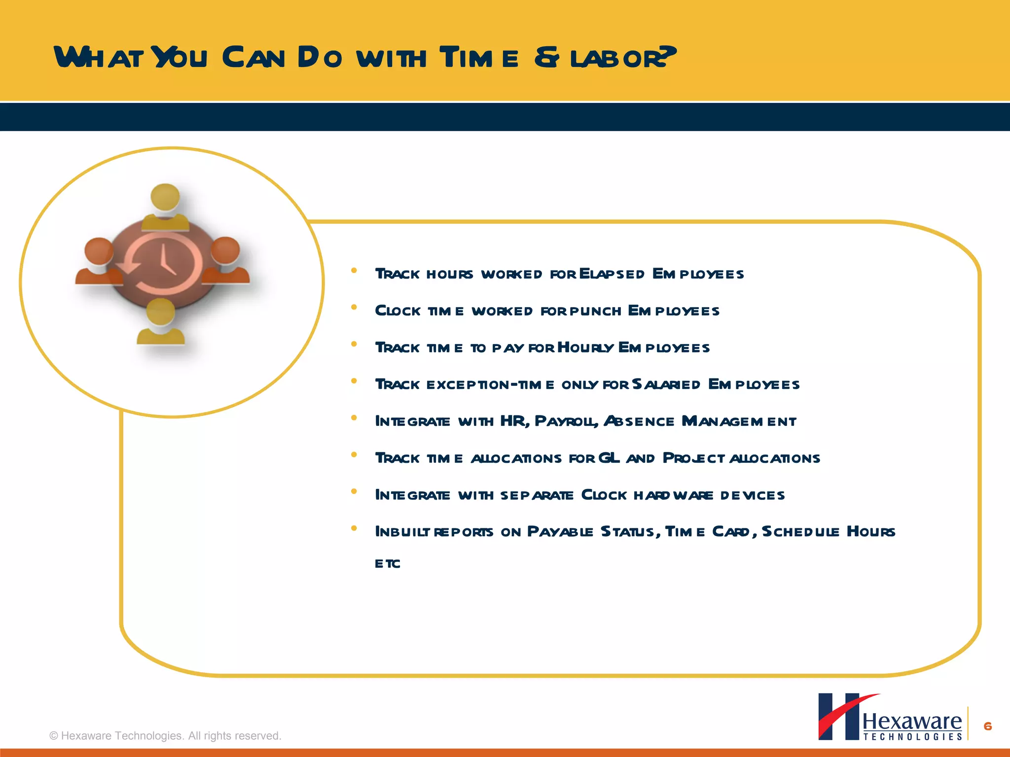 What You Can Do with Time & labor?  Track hours worked for Elapsed Employees Clock time worked for punch Employees Track time to pay for Hourly Employees Track exception-time only for Salaried Employees Integrate with HR, Payroll, Absence Management Track time allocations for GL and Project allocations Integrate with separate Clock hardware devices Inbuilt reports on Payable Status, Time Card, Schedule Hours etc 