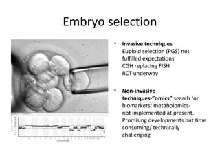 Embryo selection
• Invasive techniques
Euploid selection (PGS) not
fulfilled expectations
CGH replacing FISH
RCT underway
• Non-invasive
techniques-”omics” search for
biomarkers: metabolomics-
not implemented at present.
Promising developments but time
consuming/ technically
challenging
 