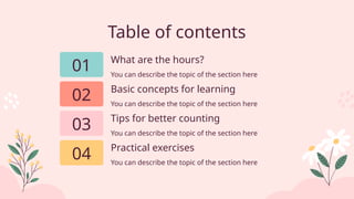 Table of contents
You can describe the topic of the section here
You can describe the topic of the section here
You can describe the topic of the section here
03
04
01
Basic concepts for learning
You can describe the topic of the section here
02
Tips for better counting
What are the hours?
Practical exercises
 