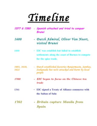 Timeline
1577 & 1580    - Spanish attacked and tried to conquer
                 Brunei

1600           - Dutch Admiral, Oliver Van Noort,
                 visited Brunei

1600           - EIC was establish but failed to establish
                 settlements along the coast of Borneo to compete
                 for the spice trade.


1603, 1610,    - Dutch established factories Banjarmasin, Sambas,
1622             Soekanada but were attacked and burnt by local
                 people

1700           - EIC began to focus on the Chinese tea
                 trade

1761           - EIC signed a Treaty of Alliance commerce with
                 the Sultan of Sulu


1762           - Britain capture Manila from
                 Spain
 
