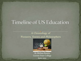 Timeline of US Education A Chronology of  Pioneers, Events and Philosophers By Melissa Boutin Granite State College June 2010 
