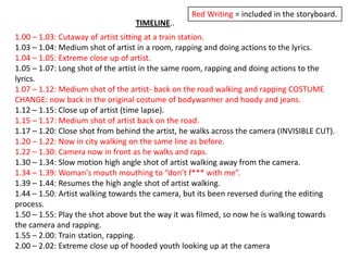 Red Writing = included in the storyboard.TIMELINE..1.00 – 1.03: Cutaway of artist sitting at a train station.1.03 – 1.04: Medium shot of artist in a room, rapping and doing actions to the lyrics.1.04 – 1.05: Extreme close up of artist.1.05 – 1.07: Long shot of the artist in the same room, rapping and doing actions to the lyrics.1.07 – 1.12: Medium shot of the artist- back on the road walking and rapping COSTUME CHANGE: now back in the original costume of bodywarmer and hoody and jeans.1.12 – 1.15: Close up of artist (time lapse).1.15 – 1.17: Medium shot of artist back on the road.1.17 – 1.20: Close shot from behind the artist, he walks across the camera (INVISIBLE CUT).1.20 – 1.22: Now in city walking on the same line as before.1.22 – 1.30: Camera now in front as he walks and raps.1.30 – 1.34: Slow motion high angle shot of artist walking away from the camera.1.34 – 1.39: Woman's mouth mouthing to “don’t f*** with me”.1.39 – 1.44: Resumes the high angle shot of artist walking.1.44 – 1.50: Artist walking towards the camera, but its been reversed during the editing process.1.50 – 1.55: Play the shot above but the way it was filmed, so now he is walking towards the camera and rapping.1.55 – 2.00: Train station, rapping.2.00 – 2.02: Extreme close up of hooded youth looking up at the camera