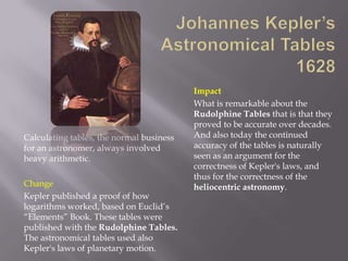 Impact
                                          What is remarkable about the
                                          Rudolphine Tables that is that they
                                          proved to be accurate over decades.
Calculating tables, the normal business   And also today the continued
for an astronomer, always involved        accuracy of the tables is naturally
heavy arithmetic.                         seen as an argument for the
                                          correctness of Kepler's laws, and
                                          thus for the correctness of the
Change                                    heliocentric astronomy.
Kepler published a proof of how
logarithms worked, based on Euclid’s
“Elements” Book. These tables were
published with the Rudolphine Tables.
The astronomical tables used also
Kepler's laws of planetary motion.
 