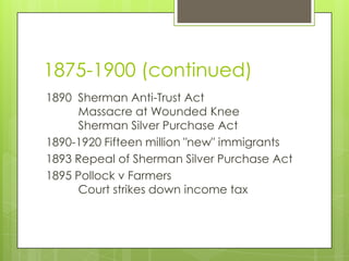 1875-1900 (continued)
1890 Sherman Anti-Trust Act
     Massacre at Wounded Knee
     Sherman Silver Purchase Act
1890-1920 Fifteen million "new" immigrants
1893 Repeal of Sherman Silver Purchase Act
1895 Pollock v Farmers
     Court strikes down income tax
 