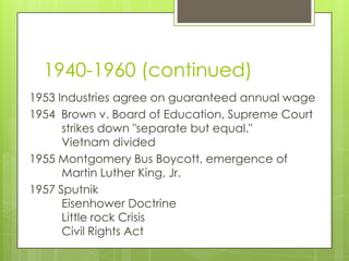 1940-1960 (continued)
1953 Industries agree on guaranteed annual wage
1954 Brown v. Board of Education, Supreme Court
      strikes down "separate but equal."
      Vietnam divided
1955 Montgomery Bus Boycott, emergence of
      Martin Luther King, Jr.
1957 Sputnik
      Eisenhower Doctrine
      Little rock Crisis
      Civil Rights Act
 