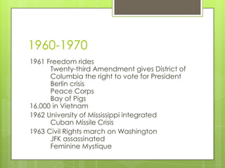 1960-1970
1961 Freedom rides
      Twenty-third Amendment gives District of
      Columbia the right to vote for President
      Berlin crisis
      Peace Corps
      Bay of Pigs
16,000 in Vietnam
1962 University of Mississippi integrated
      Cuban Missile Crisis
1963 Civil Rights march on Washington
      JFK assassinated
      Feminine Mystique
 