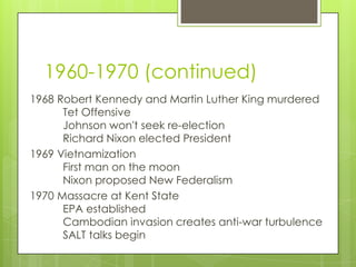 1960-1970 (continued)
1968 Robert Kennedy and Martin Luther King murdered
      Tet Offensive
      Johnson won't seek re-election
      Richard Nixon elected President
1969 Vietnamization
      First man on the moon
      Nixon proposed New Federalism
1970 Massacre at Kent State
      EPA established
      Cambodian invasion creates anti-war turbulence
      SALT talks begin
 