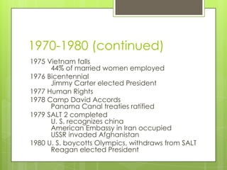 1970-1980 (continued)
1975 Vietnam falls
      44% of married women employed
1976 Bicentennial
      Jimmy Carter elected President
1977 Human Rights
1978 Camp David Accords
      Panama Canal treaties ratified
1979 SALT 2 completed
      U. S. recognizes china
      American Embassy in Iran occupied
      USSR invaded Afghanistan
1980 U. S. boycotts Olympics, withdraws from SALT
      Reagan elected President
 