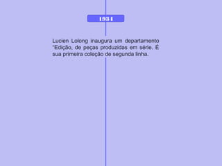 1934
Lucien Lolong inaugura um departamento
“Edição, de peças produzidas em série. É
sua primeira coleção de segunda linha.
 
