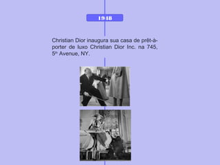 1948
Christian Dior inaugura sua casa de prêt-à-
porter de luxo Christian Dior Inc. na 745,
5th
Avenue, NY.
 