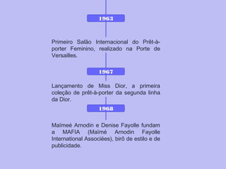 1963
Primeiro Salão Internacional do Prêt-à-
porter Feminino, realizado na Porte de
Versailles.
1967
Lançamento de Miss Dior, a primeira
coleção de prêt-à-porter da segunda linha
da Dior.
1968
Maïmeé Arnodin e Denise Fayolle fundam
a MAFIA (Maïmé Arnodin Fayolle
International Associées), birô de estilo e de
publicidade.
 