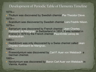 1879— 
 Thulium was discovered by Swedish chemist Per Theodor Cleve. 
1879— 
 Scandium was discovered by Swedish chemist Lars Fredrik Nilson. 
1879— 
 Samarium was discovered by French chemist, Jean Charles 
Galissard de Marignac in Switzerland in 1853. It was isolated in 
France in 1879 by the French chemist Paul-Émile Lecoq de 
Boisbaudran. 
1880— 
 Gadolinium was only discovered by a Swiss chemist called Jean 
Charles Galissard de Marignac. 
1885— 
 Praseodymium was discovered by Carl F. Auer von Welsbach, a 
German chemist. 
1885— 
 Neodymium was discovered by Baron Carl Auer von Welsbach in 
Vienna, Austria. 
 