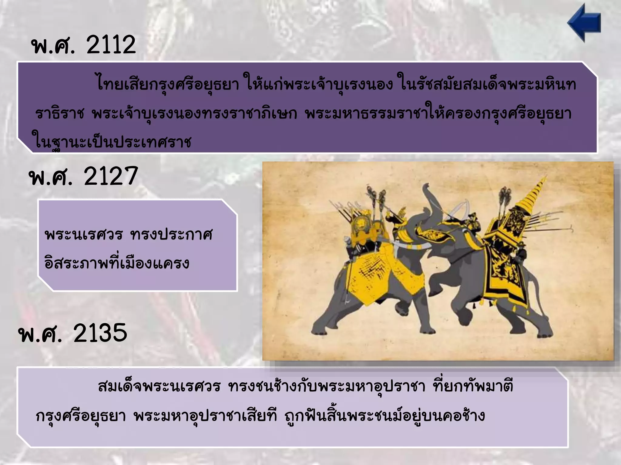 ไทยเสียกรุงศรีอยุธยา ให้แก่พระเจ้าบุเรงนอง ในรัชสมัยสมเด็จพระมหินท
ราธิราช พระเจ้าบุเรงนองทรงราชาภิเษก พระมหาธรรมราชาให้ครองกรุงศรีอยุธยา
ในฐานะเป็นประเทศราช
พ.ศ. 2112
พระนเรศวร ทรงประกาศ
อิสระภาพที่เมืองแครง
พ.ศ. 2127
สมเด็จพระนเรศวร ทรงชนช้างกับพระมหาอุปราชา ที่ยกทัพมาตี
กรุงศรีอยุธยา พระมหาอุปราชาเสียที ถูกฟันสิ้นพระชนม์อยู่บนคอช้าง
พ.ศ. 2135
 