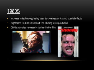 1980S
• Increase in technology being used to create graphics and special effects
• Nightmare On Elm Street and The Shining were produced.
• Childs play also released - slasher/thriller film.
 