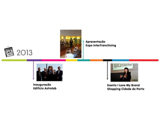 2O13 
Apresentação 
Expo Interfranchising 
Evento I Love My Brand 
Shopping Cidade do Porto 
Inauguração 
Edifício Astrolab 
 