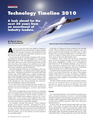 ENROUTE


Technology Timeline 2010
A look ahead for the
next 30 years from
an assortment of
industry leaders.


By Marvin Cetron
Pres, Forecasting Intl                                          Supersonic bizjet—the first should take to the air by 2018.




A
         year or so ago (Pro Pilot, Oct 2008) we looked at        Look also at “Advanced vision systems to see through
         the timeline of future technology, seeking insights    clouds.” The US military already has synthetic vision sys-
         into the changes coming to our professional and        tems to guide its pilots through all weather, day or night,
personal lives. Having just revisited the timeline we feel      though not yet in general distribution. It will likely be 3
the result is worth a second look.                              years or so before civilians have access to similar equip-
  As you may recall, the timeline originated with consult-      ment, even on the most demanding routes.
ing futurist Ian Pearson, who developed it as a project for       In addition, some “wild card” events are distributed
British Telecom in 1991. He updated it every 2 or 3 years       more or less at random through the timeline. Most of
until 2005. Three years later, Forecasting Intl took up that    these items, highlighted in yellow, were contributed by
task. Since then, the company has carried out one major         John Peterson of The Arlington Institute, one of the pre-
update of the timeline and prepared several special-inter-      mier forecasters working in the field. (Credit goes to
est versions adapted to specific audiences.                     Sergei Sikorsky for the suggestion that alien civilizations
  This latest upgrade is the fruit of consultation with near-   may have found ways to travel faster than light.)
ly 3 dozen authorities, including aviation leaders, general       It should not be assumed that the wild cards will occur
forecasters, intelligence personnel concerned with both         in the 5-year block where they are found. They appear
military and civilian flight, plus a number of physicians       without target dates for a reason. As Peterson comments,
and consultants specializing in biomedical research. Their      “There is no way to assign dates to these other than to
efforts have modified some target dates, eliminated a few       suggest that if they happen it will probably be within the
innovations that either have come to pass or have been          next 20 years.”
made obsolete by even more promising new technolo-                Yet most of these events would have enormous impact,
gies, and added new items to the timeline.                      not only on aviation but on our private lives. Just
  In all, some 60% of the timeline has been revised or is       because we cannot pin down an ETA does not mean
all new. For current purposes, this last is key, for the new    that we can afford to ignore them in thinking about the
material focuses on aerospace, avionics and related             future.
fields.
  The choice of target dates for the timeline is in keeping     Results
with our original policy. Most dates assume that the item
(say, a consumer product) will be readily available, at           For most developments in the timeline, panelists gave
least to well-funded early adopters, but not yet a com-         fairly consistent estimates of when a new technology
modity item. A new avionics suite might be seen on air-         could be expected. Occasionally, one pointed out that it
craft flying in the most demanding conditions, but it will      already existed (apparently forgetting that we were con-
be some years before it is generally adopted.                   cerned with available products rather than laboratory
  For example, consider this forecast: “Voice synthesis         demonstrations).
quality up to human standard,” anticipated for 2012.              In most cases, the spread among target dates was limit-
Today’s best synthetic voices are already pretty good, yet      ed to a few years—no more than a decade. We nearly
no one would mistake the mechanical voices technolo-            always resolved the conflict by picking the middle of the
gy brings us for a living human even for a moment. It           range. However, in a few instances the differences were
will be another year or two before we find ourselves            surprisingly large. The greatest disagreement was for “fully
occasionally fooled.                                            automated ‘hop in and go’ personal aircraft with 300-mph

54   PROFESSIONAL PILOT / December 2009
 