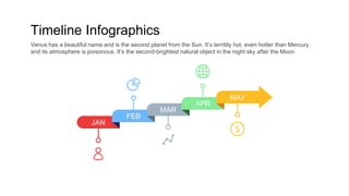 Timeline Infographics
JAN
FEB
MAR
APR
Venus has a beautiful name and is the second planet from the Sun. It’s terribly hot, even hotter than Mercury,
and its atmosphere is poisonous. It’s the second-brightest natural object in the night sky after the Moon
MAY
 