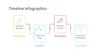 Timeline Infographics
September
Jupiter is a
gas giant
The Sun is
our star
November
October
Saturn has
rings
December
Earth is the
third planet
 