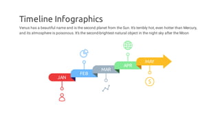 Timeline Infographics
JAN
FEB
MAR
APR
Venus has a beautiful name and is the second planet from the Sun. It’s terribly hot, even hotter than Mercury,
and its atmosphere is poisonous. It’s the second-brightest natural object in the night sky after the Moon
MAY
 
