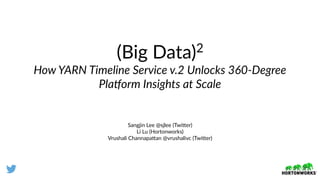 (Big Data)2
How YARN Timeline Service v.2 Unlocks 360-Degree
Pla@orm Insights at Scale
Sangjin Lee @sjlee (Twi5er)
Li Lu (Hortonworks)
Vrushali Channapa5an @vrushalivc (Twi5er)
 