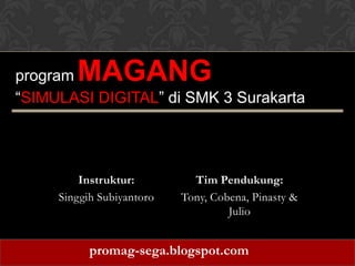 MAGANG

program
“SIMULASI DIGITAL” di SMK 3 Surakarta

Instruktur:
Singgih Subiyantoro

Tim Pendukung:
Tony, Cobena, Pinasty &
Julio

promag-sega.blogspot.com

 