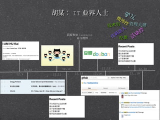 胡某： IT 业界人士                               驴友
                                                      微
                                                        博
                                                         控管
                                                    技术男    理大师
                                                         人    控
                                                       达
                         我要参加 iweekend                码     动
                            来自微博                     代 吃货 活




                       12.12                     12.15         12.20
       12.10
12.9           12.11           12.13     12.14            12..18
 