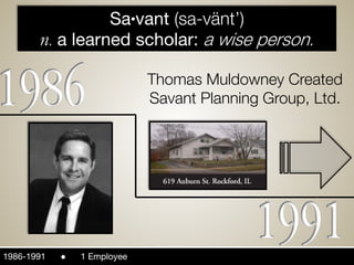 Sa●vant (sa-vänt’)
n. a learned scholar: a wise person.
Thomas Muldowney Created
Savant Planning Group, Ltd.
1986-1991 ● 1 Employee
 