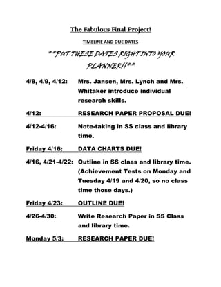 The Fabulous Final Project!<br />TIMELINE AND DUE DATES<br />**PUT THESE DATES RIGHT INTO YOUR PLANNER!!**<br />4/8, 4/9, 4/12:Mrs. Jansen, Mrs. Lynch and Mrs. Whitaker introduce individual research skills.<br />4/12:RESEARCH PAPER PROPOSAL DUE!<br />4/12-4/16:Note-taking in SS class and library time.<br />Friday 4/16:DATA CHARTS DUE!<br />4/16, 4/21-4/22:Outline in SS class and library time. (Achievement Tests on Monday and Tuesday 4/19 and 4/20, so no class time those days.)<br />Friday 4/23:OUTLINE DUE!<br />4/26-4/30:Write Research Paper in SS Class and library time.<br />Monday 5/3:RESEARCH PAPER DUE!<br />5/3-5/7:Work on group Technology Presentation in SS class and library time.  If not completed by 5/7, there is no more class time available, so any remaining work will be completed outside school.<br />5/7-5/14:Work on Adventure Story in both LA class and SS class.<br />5/17-5/20:Technology Presentations in SS class.<br />5/20:Vote on 5 Technology Presentations.<br />Friday 5/21:Present All Adventure Stories in library from 8:30-11:30.  Vote on 5.<br />Monday 5/24:Presentation of 5 Adventure Stories and 5 Technology Presentations in library for parents from 8-9:40.<br />5/24-5/28:Last week of school and Summer Begins!!!!  <br />