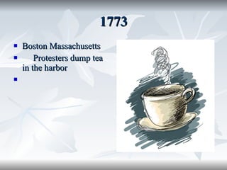 1773 Boston Massachusetts Protesters dump tea in the harbor  