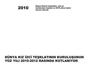 Dünya Kızizci teşkialtını yüz yıl
      2010    kutlamaları başladı ve 2012 yılına kadar
              devam edecek




DÜNYA KIZ İZCİ TEŞKLATININ KURULUŞUNUN
YÜZ YILI 2010-2012 RASINDA KUTLANIYOR
 
