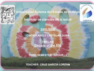 Universidad Automa del Estado de Hidalgo

Instituto de ciencias de la salud
ENGLISH III

CINTHIA ARELY CASTELAN DUEN
TIMELINE

Decade of the 60s
THIRD SEMESTER GROUP : 2

TEACHER: CRUZ GARCÍA LORENA

 
