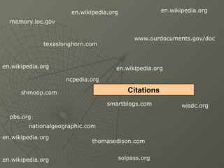 en.wikipedia.org                  en.wikipedia.org

  memory.loc.gov


                                               www.ourdocuments.gov/doc
              texaslonghorn.com



en.wikipedia.org                      en.wikipedia.org

                     ncpedia.org

      shmoop.com                             Citations
                                   smartblogs.com               wisdc.org

  pbs.org
         nationalgeographic.com

en.wikipedia.org
                              thomasedison.com


en.wikipedia.org                          solpass.org
 