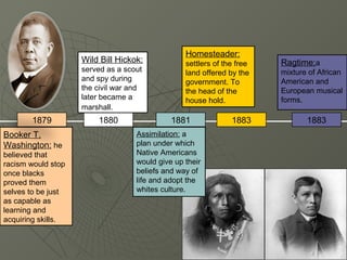 Homesteader:
                    Wild Bill Hickok:            settlers of the free   Ragtime:a
                    served as a scout            land offered by the    mixture of African
                    and spy during               government. To         American and
                    the civil war and            the head of the        European musical
                    later became a               house hold.            forms.
                    marshall.
       1879             1880                 1881              1883            1883
Booker T.                          Assimilation: a
Washington: he                     plan under which
believed that                      Native Americans
racism would stop                  would give up their
once blacks                        beliefs and way of
proved them                        life and adopt the
selves to be just                  whites culture.
as capable as
learning and
acquiring skills.
 