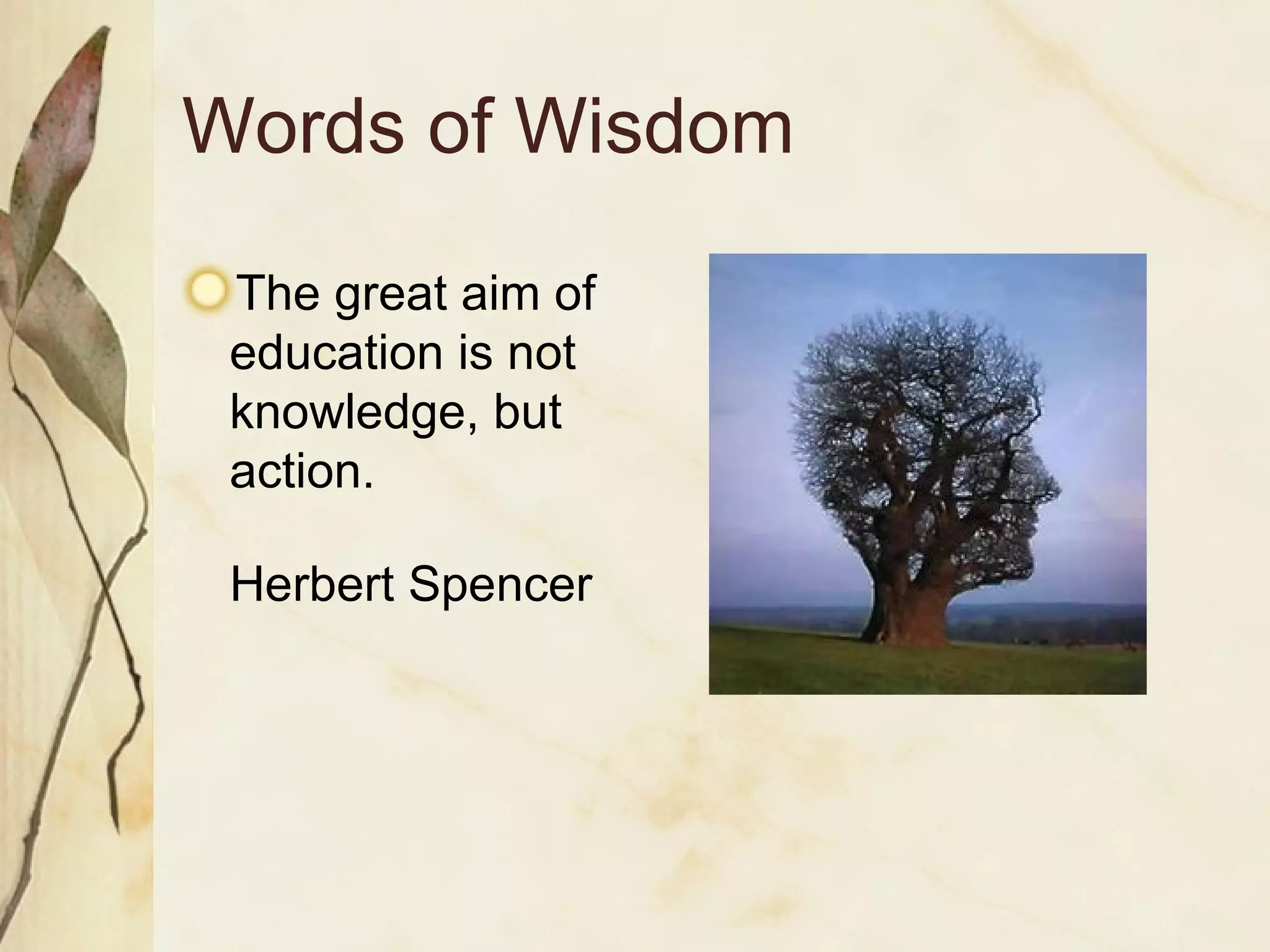 Words of Wisdom The great aim of education is not knowledge, but action.  Herbert Spencer 