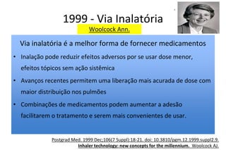 1999 - Via Inalatória
Via inalatória é a melhor forma de fornecer medicamentos
• Inalação pode reduzir efeitos adversos por se usar dose menor,
efeitos tópicos sem ação sistêmica
• Avanços recentes permitem uma liberação mais acurada de dose com
maior distribuição nos pulmões
• Combinações de medicamentos podem aumentar a adesão
facilitarem o tratamento e serem mais convenientes de usar.
Postgrad Med. 1999 Dec;106(7 Suppl):18-21. doi: 10.3810/pgm.12.1999.suppl2.9.
Inhaler technology: new concepts for the millennium. Woolcock AJ.
Woolcock Ann.
 